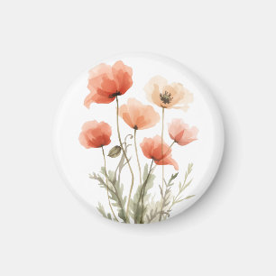 Coral Poppies Watercolor Floral Print Magnet