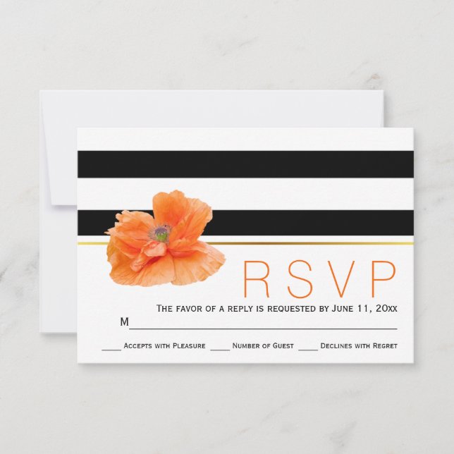 Coral poppy, black white stripes wedding RSVP (Front)