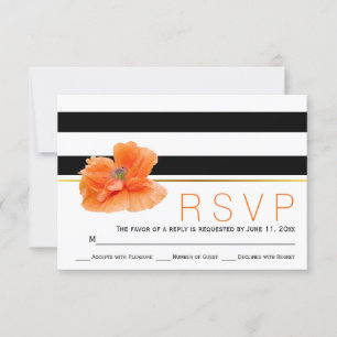 Coral poppy, black white stripes wedding RSVP Card
