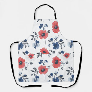 Coral Poppy Navy Blue Floral Botanical Apron