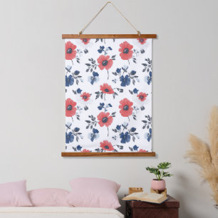 Coral Poppy Navy Blue Floral Botanical Hanging Tapestry