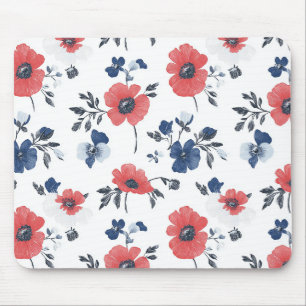 Coral Poppy Navy Blue Floral Botanical Mouse Mat