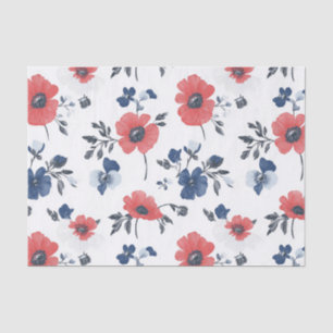 Coral Poppy Navy Blue Floral Botanical Tissue Paper