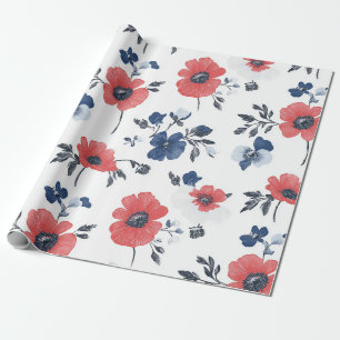 Coral Poppy Navy Blue Floral Botanical Wrapping Paper