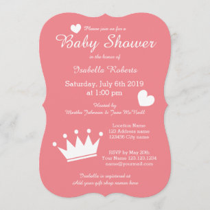 Coral princess crown baby shower invitations