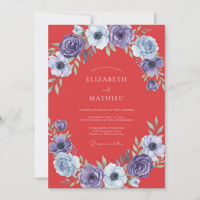 Coral Purple Anemone Wedding Invitation (Front)