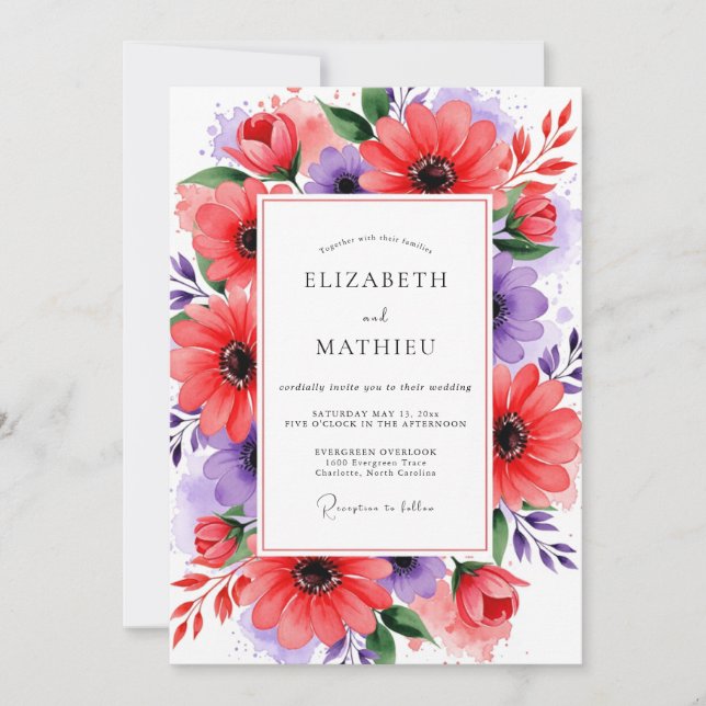 Coral Purple Floral Bloom Wedding Invitation (Front)