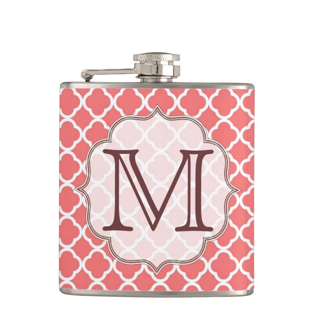 Coral Quaterfoil Latti Monogram Whiskey Flask (Front)