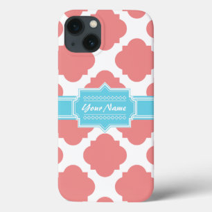 Coral Quatrefoil Aqua Personalised Name   N1 iPhone 13 Case
