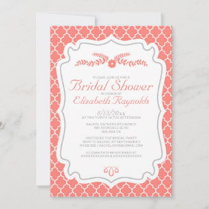 Coral Quatrefoil Bridal Shower Invitations