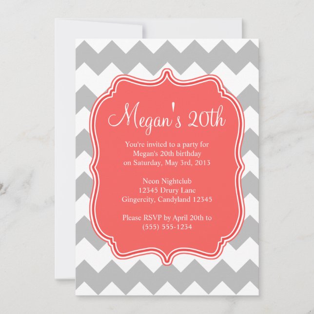 Coral Quatrefoil Chevron Birthday Invitation (Front)