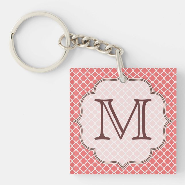 Coral Quatrefoil Latti Monogram Initial Key Chain (Front)