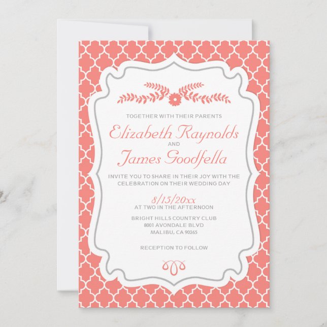 Coral Quatrefoil Wedding Invitations (Front)