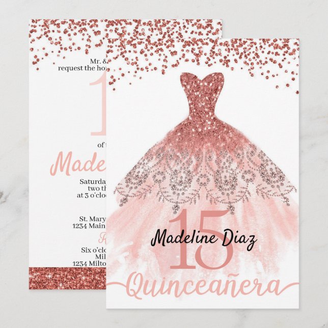 Coral Quinceanera Birthday Invitation Cumpleanos (Front/Back)