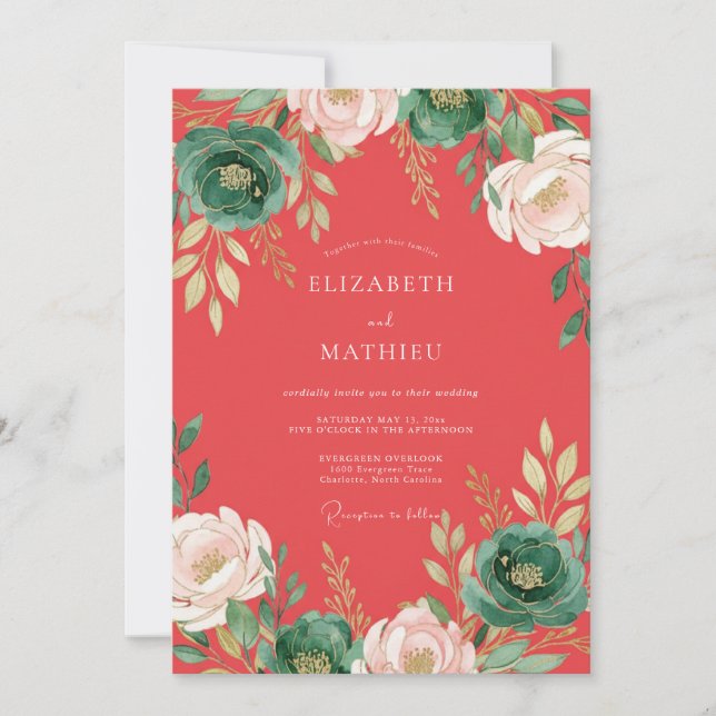 Coral Ranunculus Foliage Eucalyptus Wedding Invitation (Front)