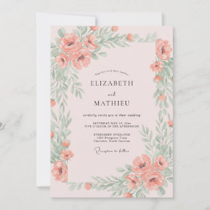 Coral Ranunculus Foliage Muted Eucalyptus Wedding Invitation