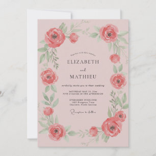 Coral Ranunculus Leafy Wedding Invitation