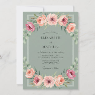 Coral Ranunculus Olive Dusty Eucalyptus Wedding Invitation
