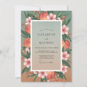 Coral Ranunculus Olive Eucalyptus Wedding Invitation
