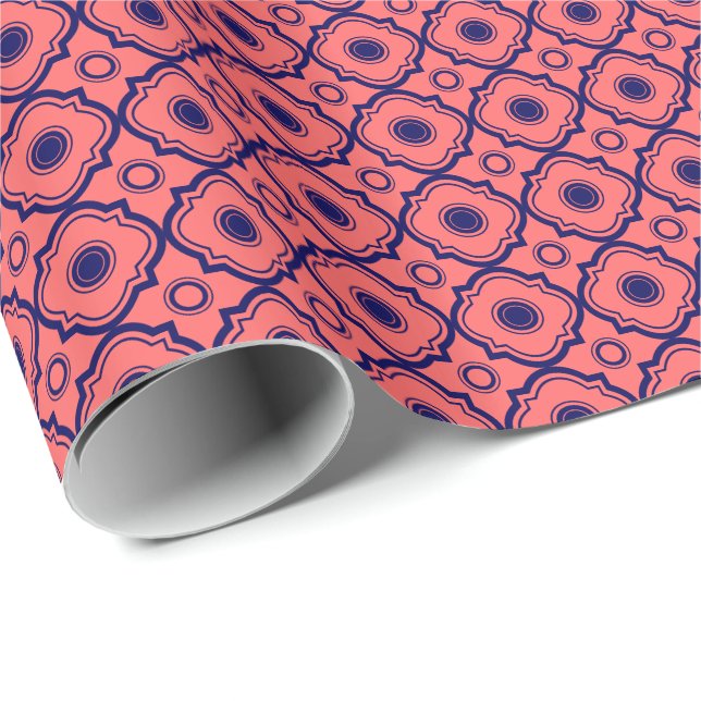Coral Red And Navy Blue Quatrefoil Pattern Wrapping Paper (Roll Corner)