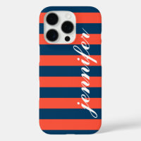 Coral Red and Navy Stripes Custom Script Monogram