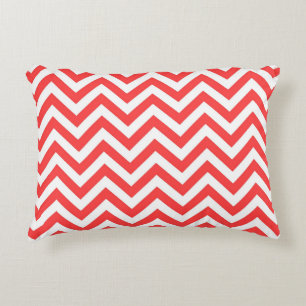 Coral Red and White Large Chevron ZigZag Pattern Decorative Cushion