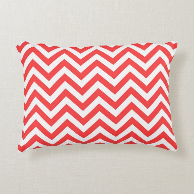 Coral Red and White Large Chevron ZigZag Pattern Decorative Cushion (Front)