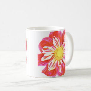 Coral red and white striped dahlia print coffee mug