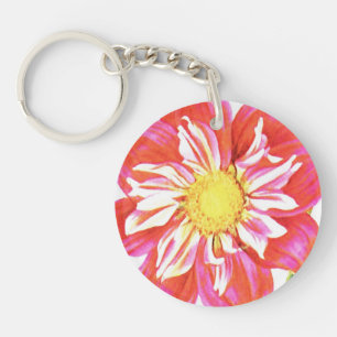 Coral red and white striped dahlia print key ring