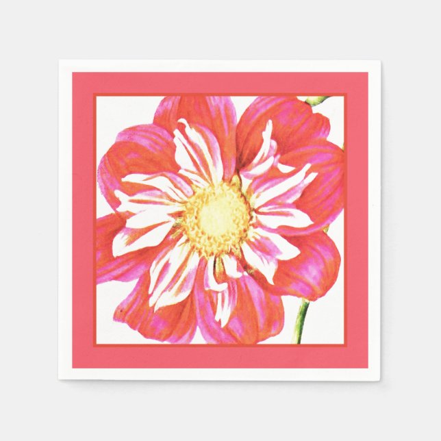 Coral red and white striped dahlia print napkin (Front)