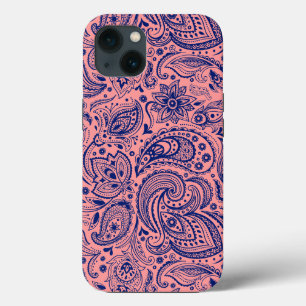 Coral-Red & Blue Vintage Floral Paisley Pattern iPhone 13 Case