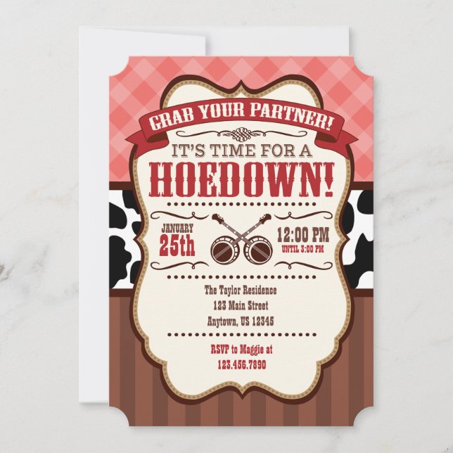 Coral Red Brown Hoedown Party Invitation (Front)