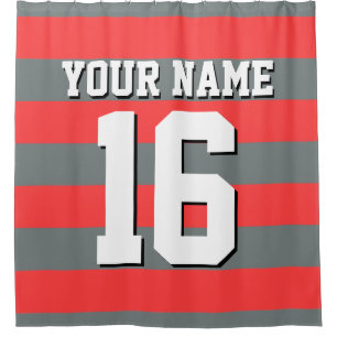Coral Red Charcoal Sports Jersey Preppy Stripe Shower Curtain