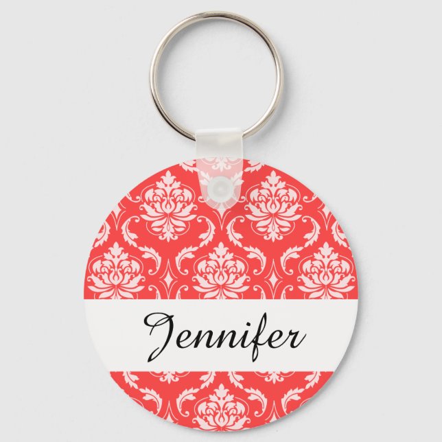 Coral Red Classic Damask Pattern Key Ring (Front)