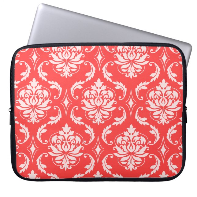 Coral Red Classic Damask Pattern Laptop Sleeve (Front)