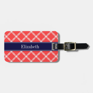 Coral Red Fancy Quatrefoil Navy Name Monogram Luggage Tag