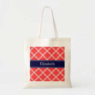 Coral Red Fancy Quatrefoil Navy Name Monogram Tote Bag