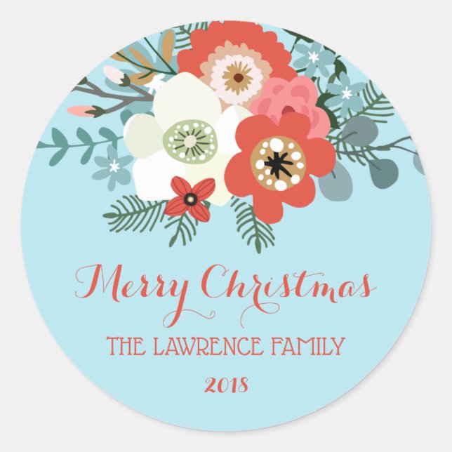 Coral Red Floral Blue Christmas Classic Round Sticker (Front)