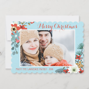 Coral Red Floral Blue Christmas Photo Holiday Card