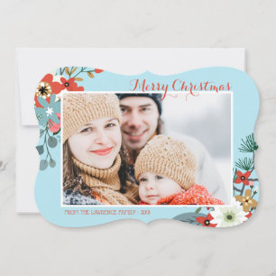 Coral Red Floral Blue Christmas Photo Holiday Card