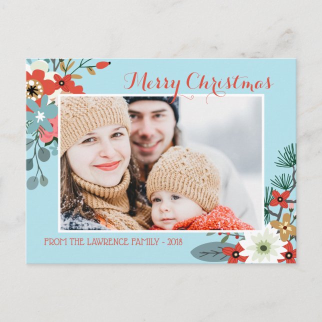 Coral Red Floral Blue Christmas Photo Holiday Postcard (Front)