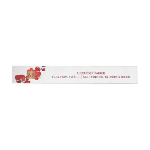 Coral red floral metallic copper monogrammed wraparound address label