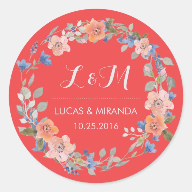 Coral Red Floral Wreath Wedding Favour Sticker (Front)
