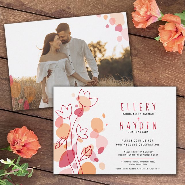 Coral red flower graphic confetti petals wedding invitation (Creator Uploaded)