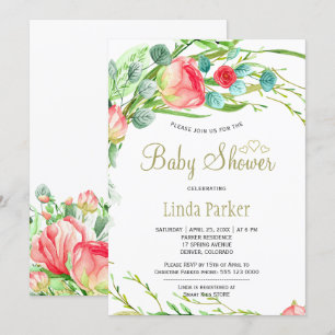 Coral red garden roses wreath elegant baby shower invitation