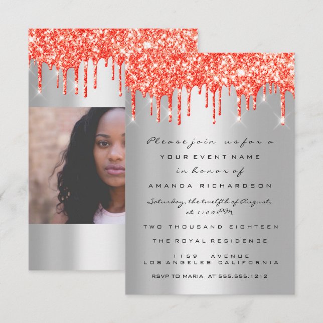 Coral Red Glitter Drips Silver Bridal Sweet 16th Invitation (Front/Back)