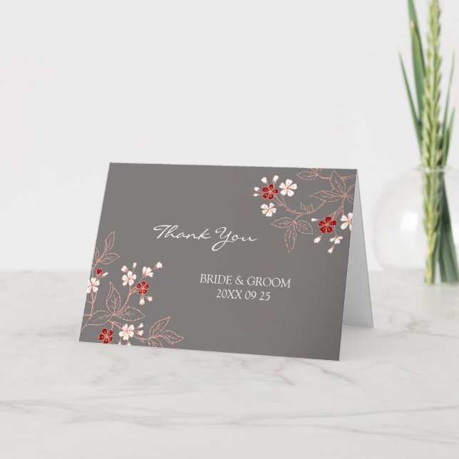 Coral Red Grey Damask Wedding Thank You Card (Front)