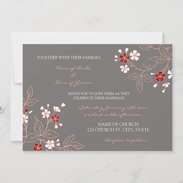 Coral Red Grey Floral Wedding Invitation Cards (Front)