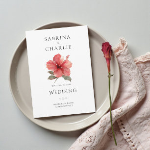 Coral Red Hibiscus Floral Tropical Wedding Invitation