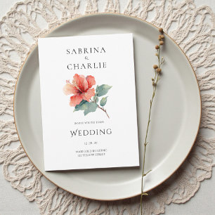 Coral Red Hibiscus Floral Tropical Wedding Invitation